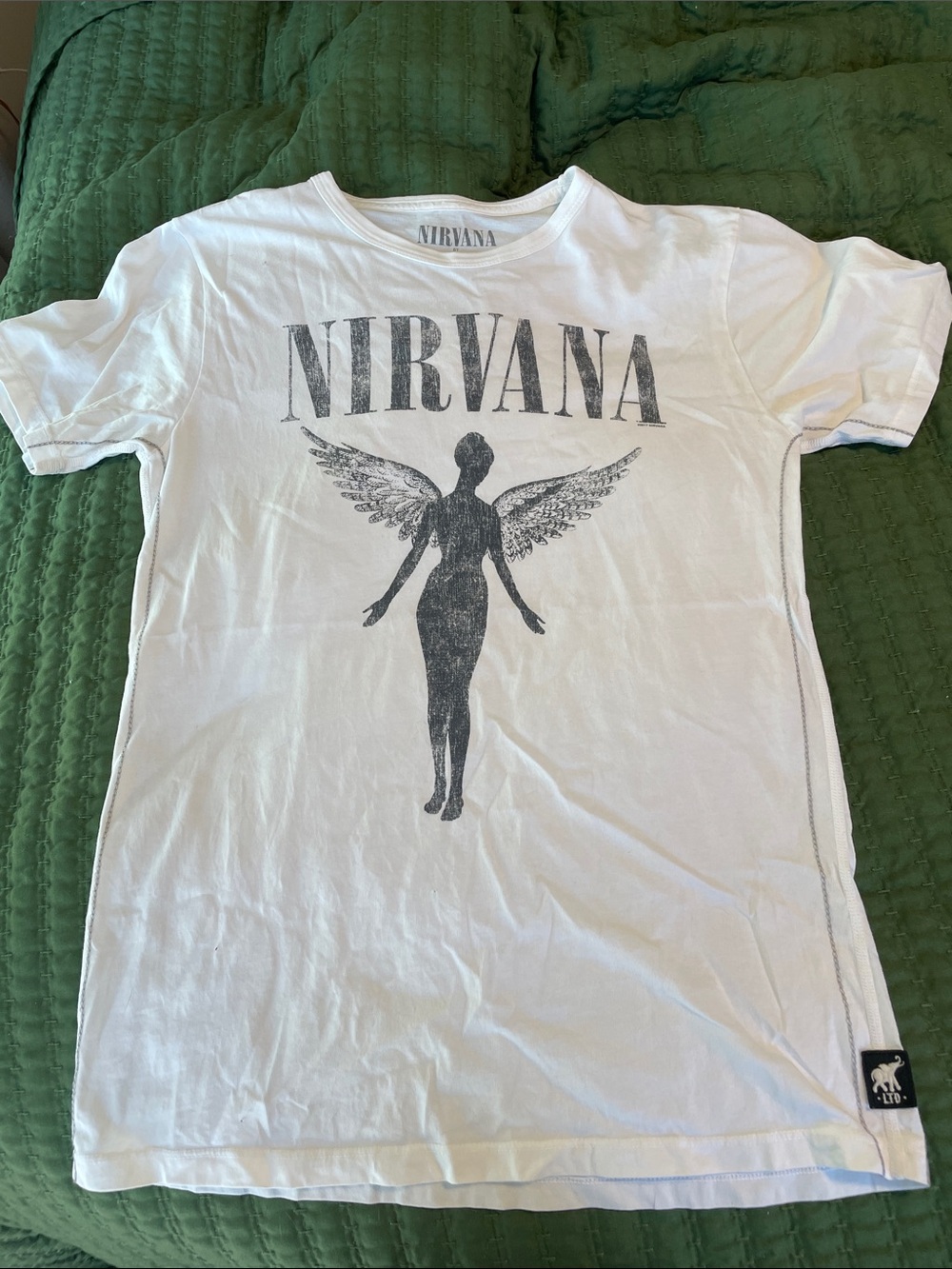 NIRVANA White Tee with Black Angel Graphic